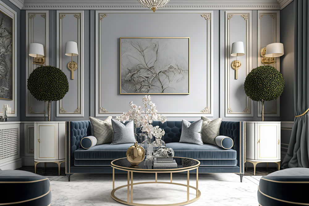 Sala de estar com sofá azul e mesa de centro-dourada