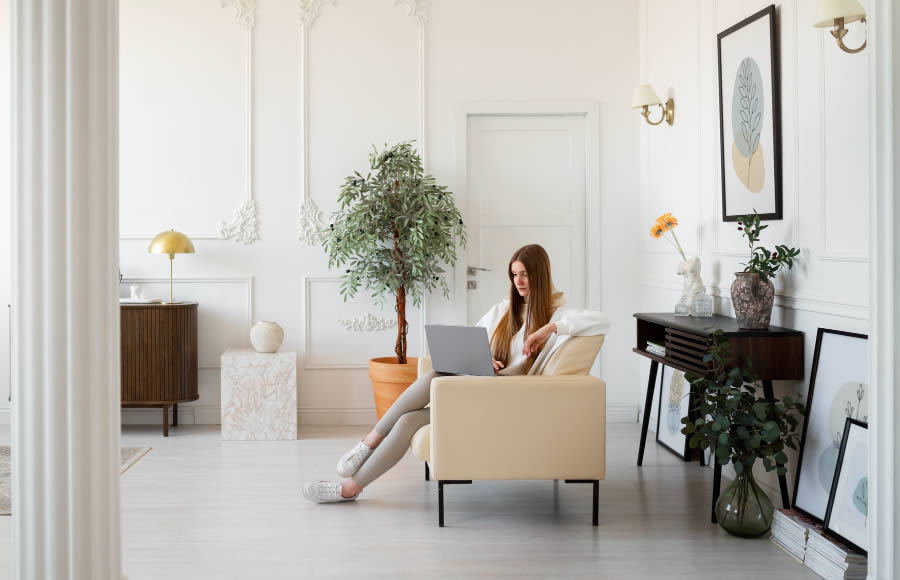 Mulher com laptopm em quarto decorado minimalista